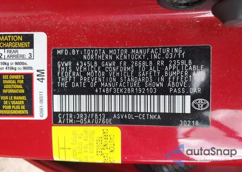 2011 Toyota Camry Le z USA, uszkodzony, nr VIN 4T4BF3EK2BR192103